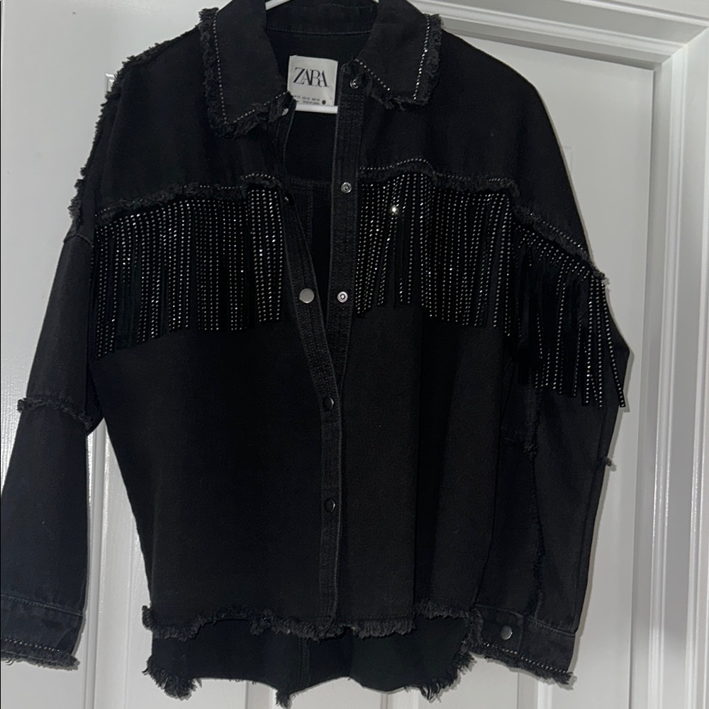 Zara Black Fringe Denim Jacket